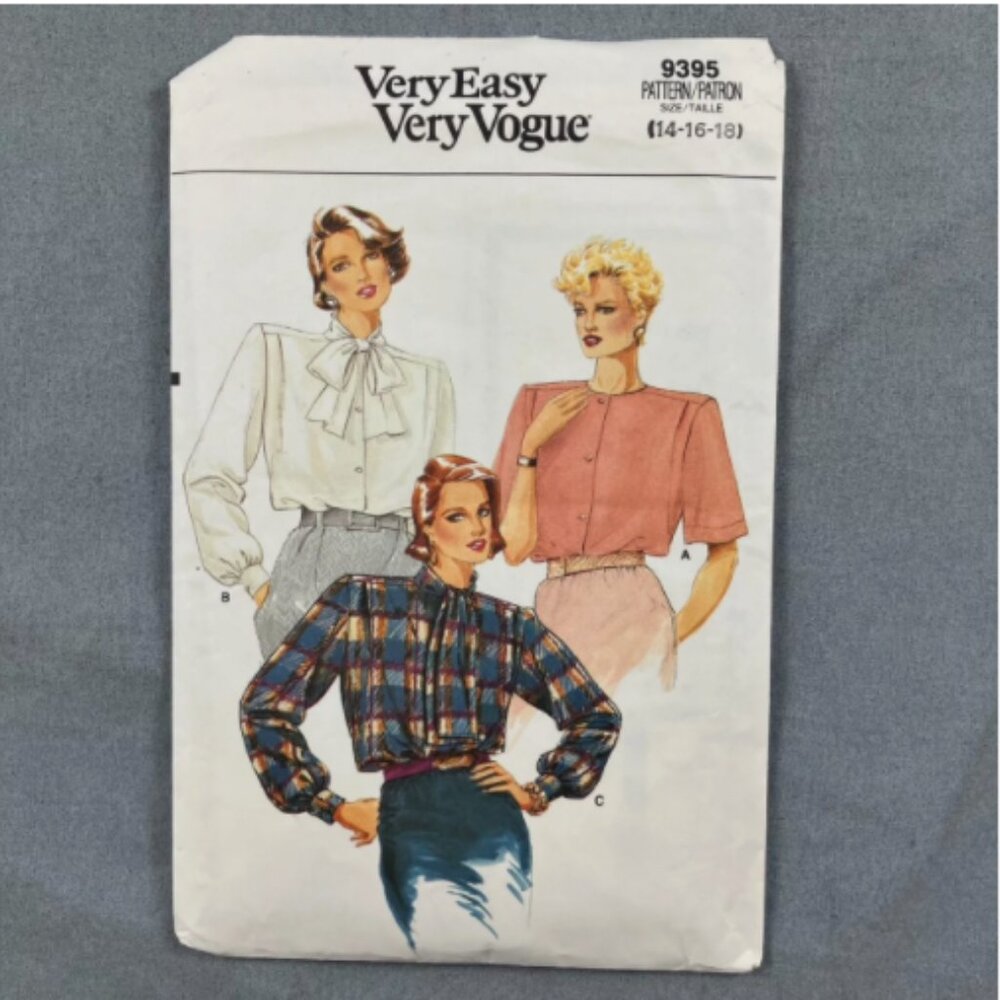 Vogue 9395 Misses Blouse Sewing Pattern Shoulder Pads Collar Bow Sz 14 16 18 CUT